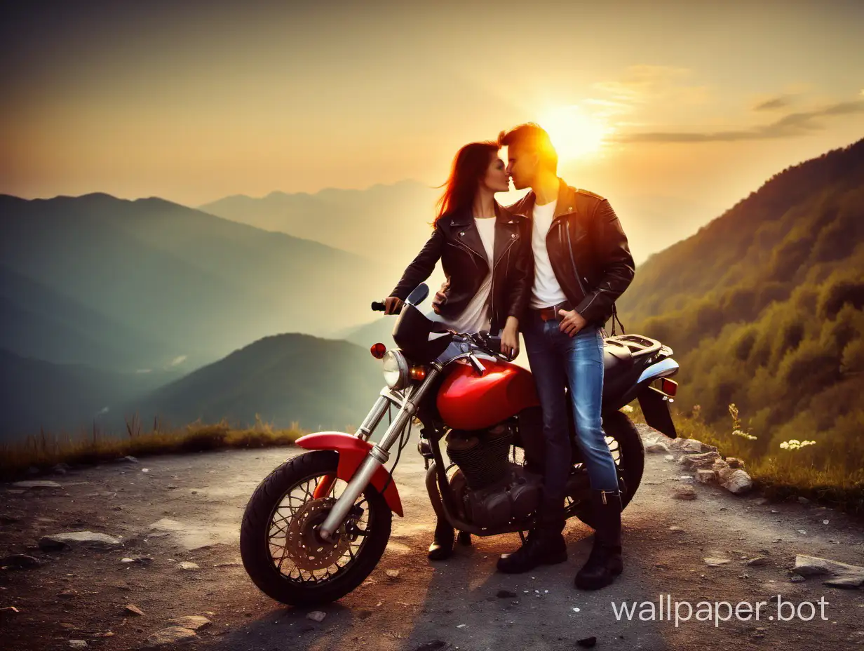 sunrise a love couple with a motorbike in mountain