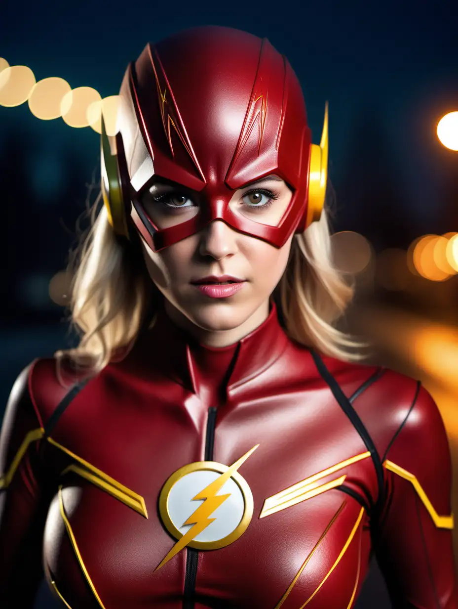 Beautiful Nordic woman, very attractive face, detailed eyes, big breasts, slim body, dark eye shadow, Dressed as a female version of the superhero the Flash with closed full flash helmet, close up, bokeh background, soft light on face, rim lighting, facing away from camera, looking back over her shoulder, photorealistic, very high detail, extra wide photo, full body photo, aerial photo