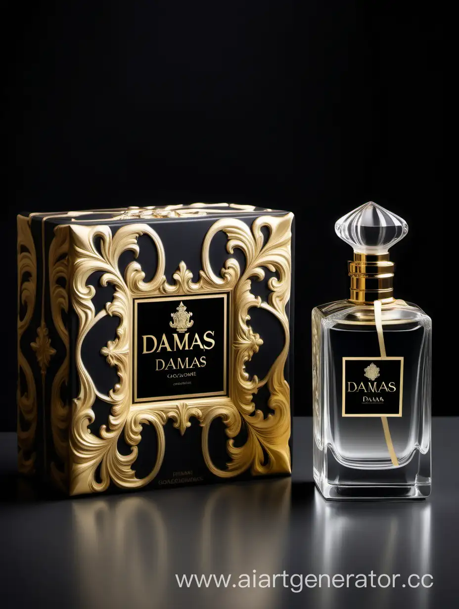 a bottle of damas cologne sitting next to a dark White box,with golden lines a Baroque dynamic luxurious composition, feminine
flemish Baroque