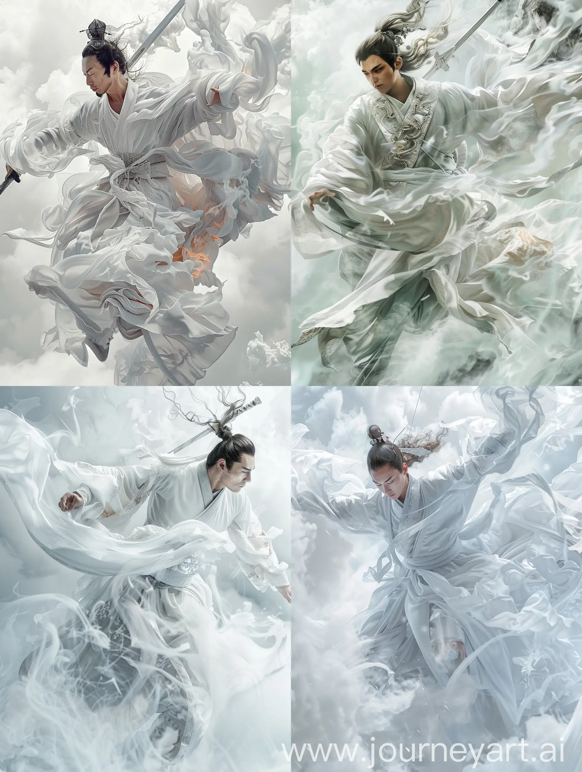 A Chinese Taoist wearing a white Taoist robe, with a sword on his back, his body wrapped in Tai Chi, and flying, with a white smoke background and exquisite face dignified Mind-blowing Details high detail hyper quality high resolution exquisite Marvelous Details