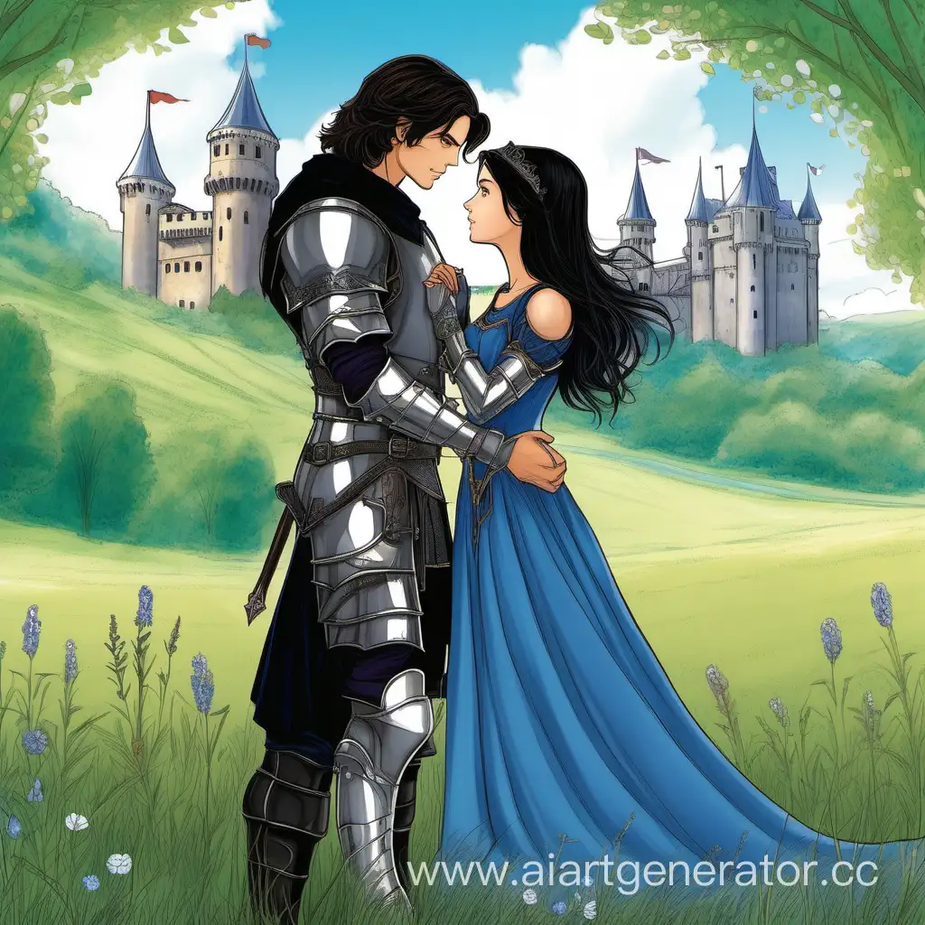 Medieval-Romance-Knight-and-Lady-Gazing-at-Each-Other-on-Meadow-with-Castle-Background