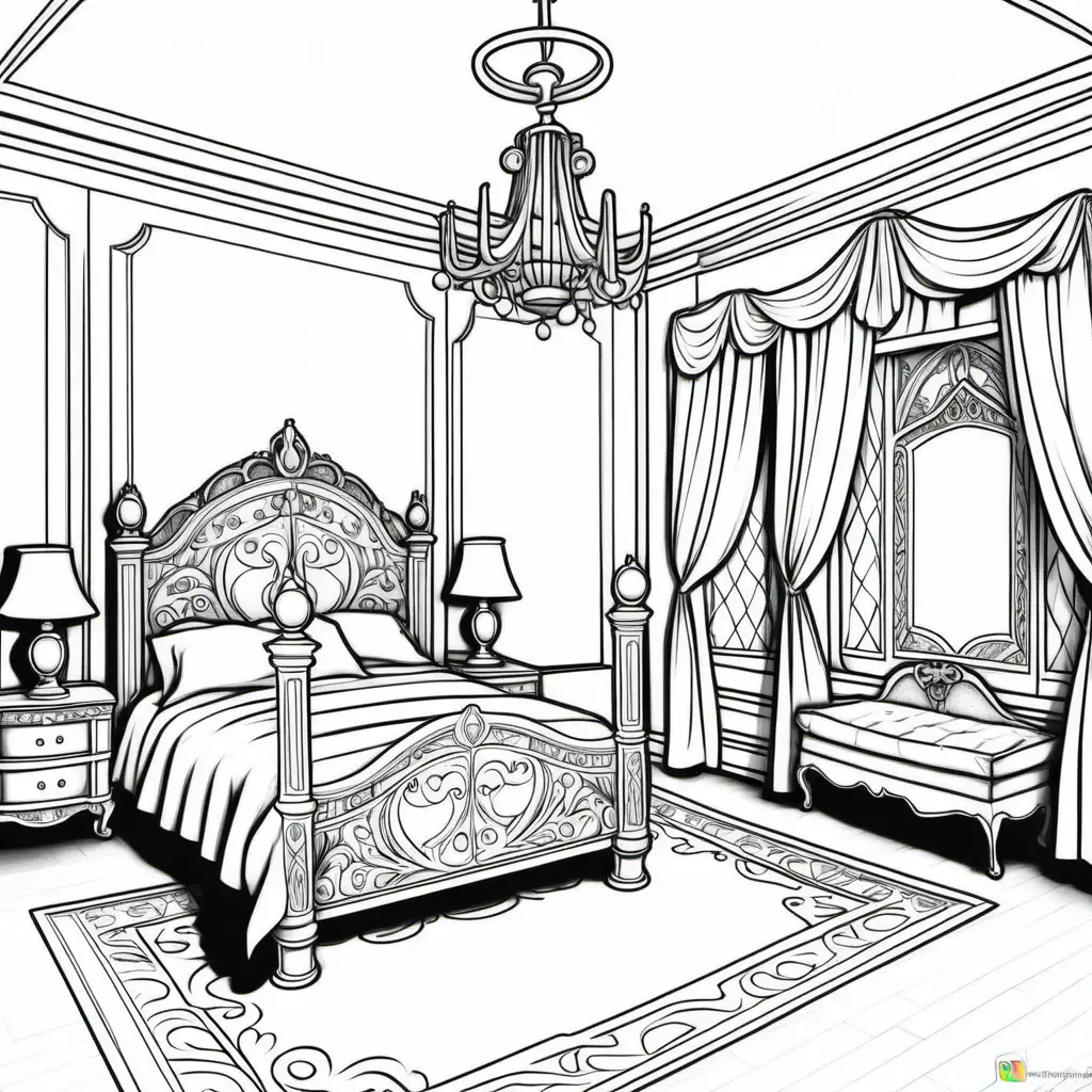black and white, coloring page, princess bedroom. no shading, no dither, no fills