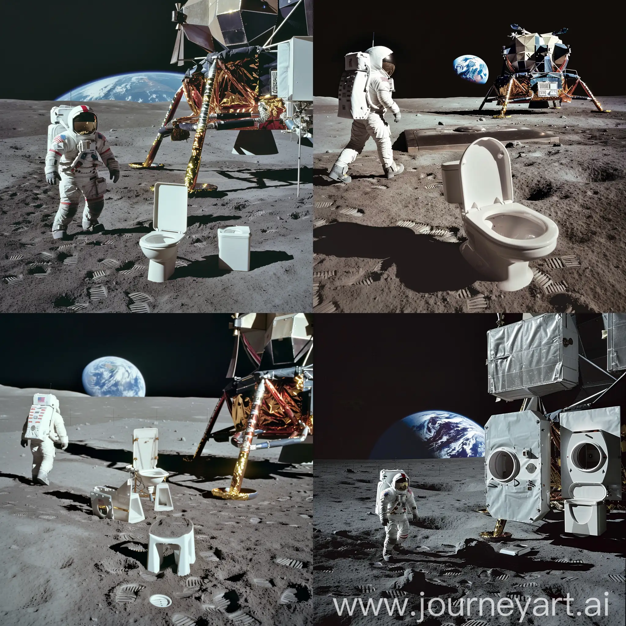 a dixi toilet on the moon with view to earth in front of Apollo Spaceship, a astronaut is walking to the toilet --style raw --stylize 50