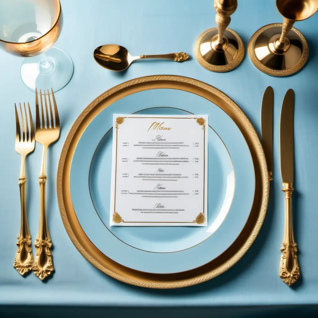 table with gold plate, luxurious silverware, empty plate, luxurious light blue table cloth, large paper menu on plate with no words, only show 1 plate