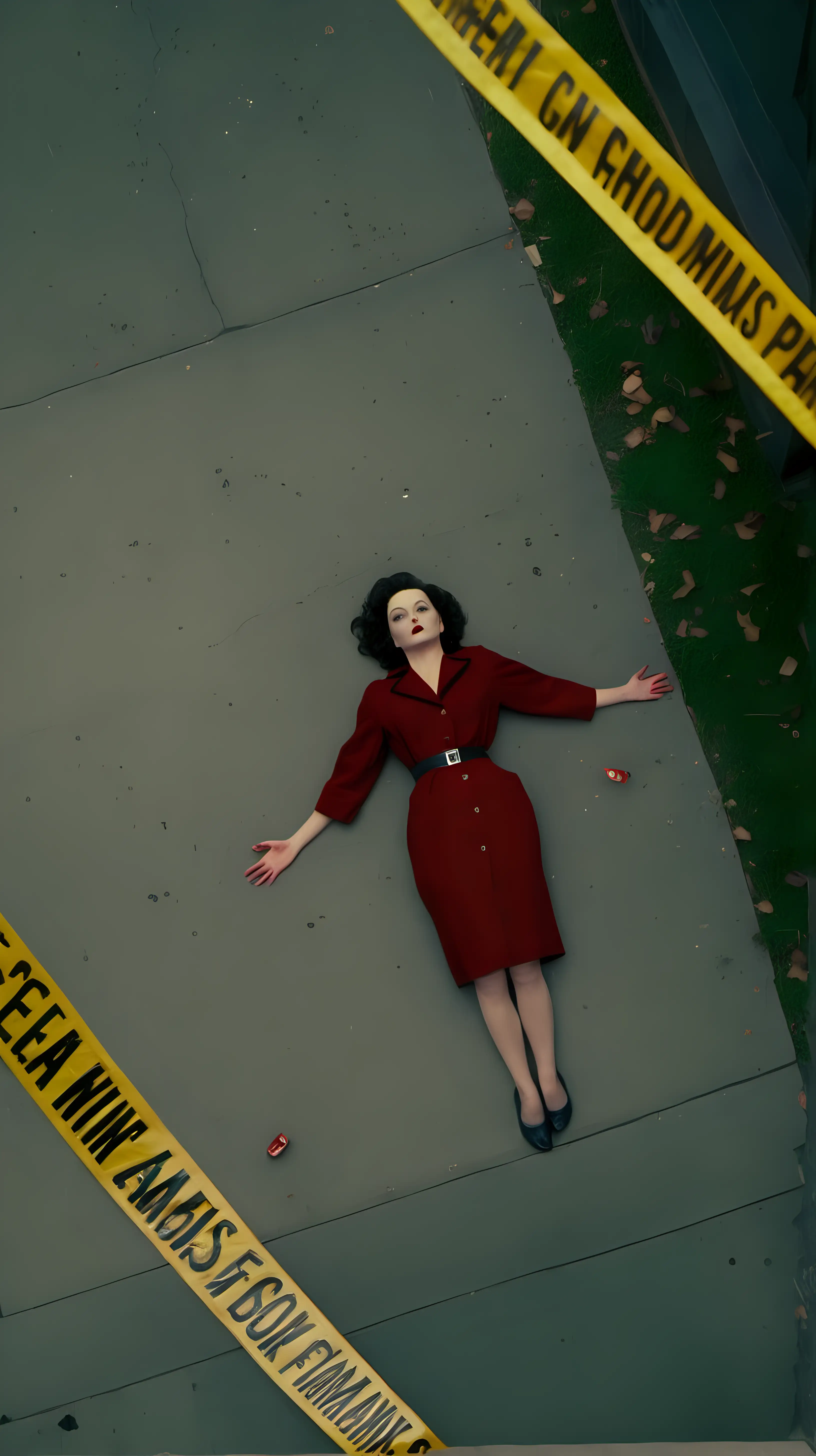 Birds Eye view from a building, a retro woman lays dead on the sidewalk as if she has fallen from the building. cinematography, cinematic lighting, surreal, Amelie, twin peaks, caution tape