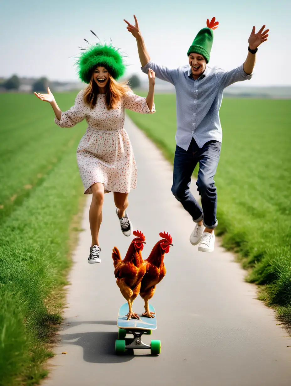 Couple Skateboarding in Green Fields with Feather Hats Shopping Basket Small Dog and Chicken