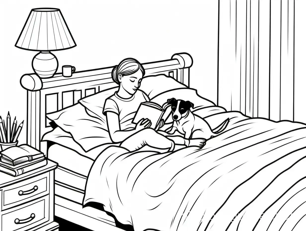 small jack russell sleeping on  a bed and woman sittng in bed reading a book , Coloring Page, black and white, line art, white background, Simplicity, Ample White Space. The background of the coloring page is plain white to make it easy for young children to color within the lines. The outlines of all the subjects are easy to distinguish, making it simple for kids to color without too much difficulty