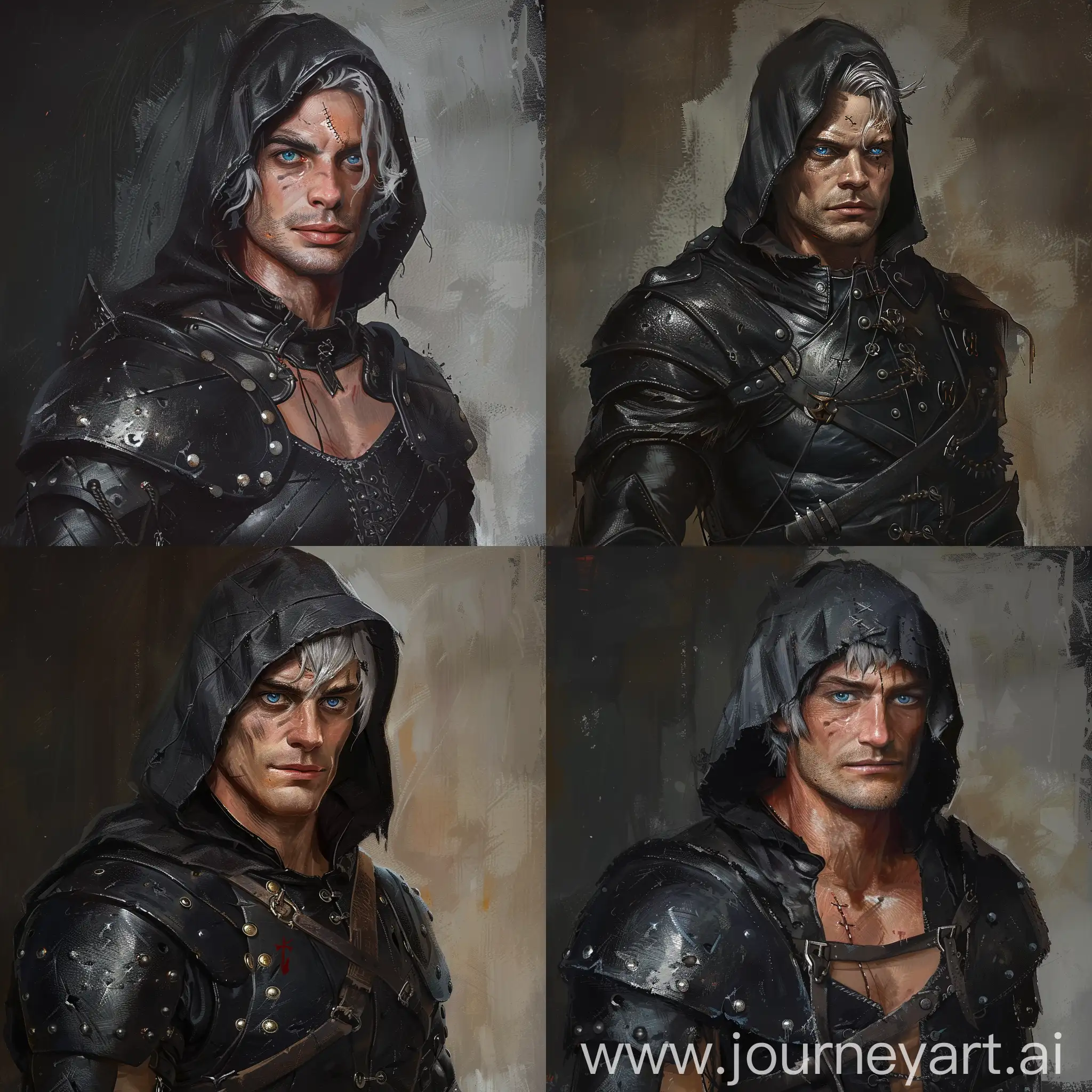 нарисуй портрет средневекового солдата в черной кожаной броне, у него есть не одетый капюшон, на голове у него пепельно-серые волосы, голубые глаза, шрам на правом глазу, кожа обычная(белая) 