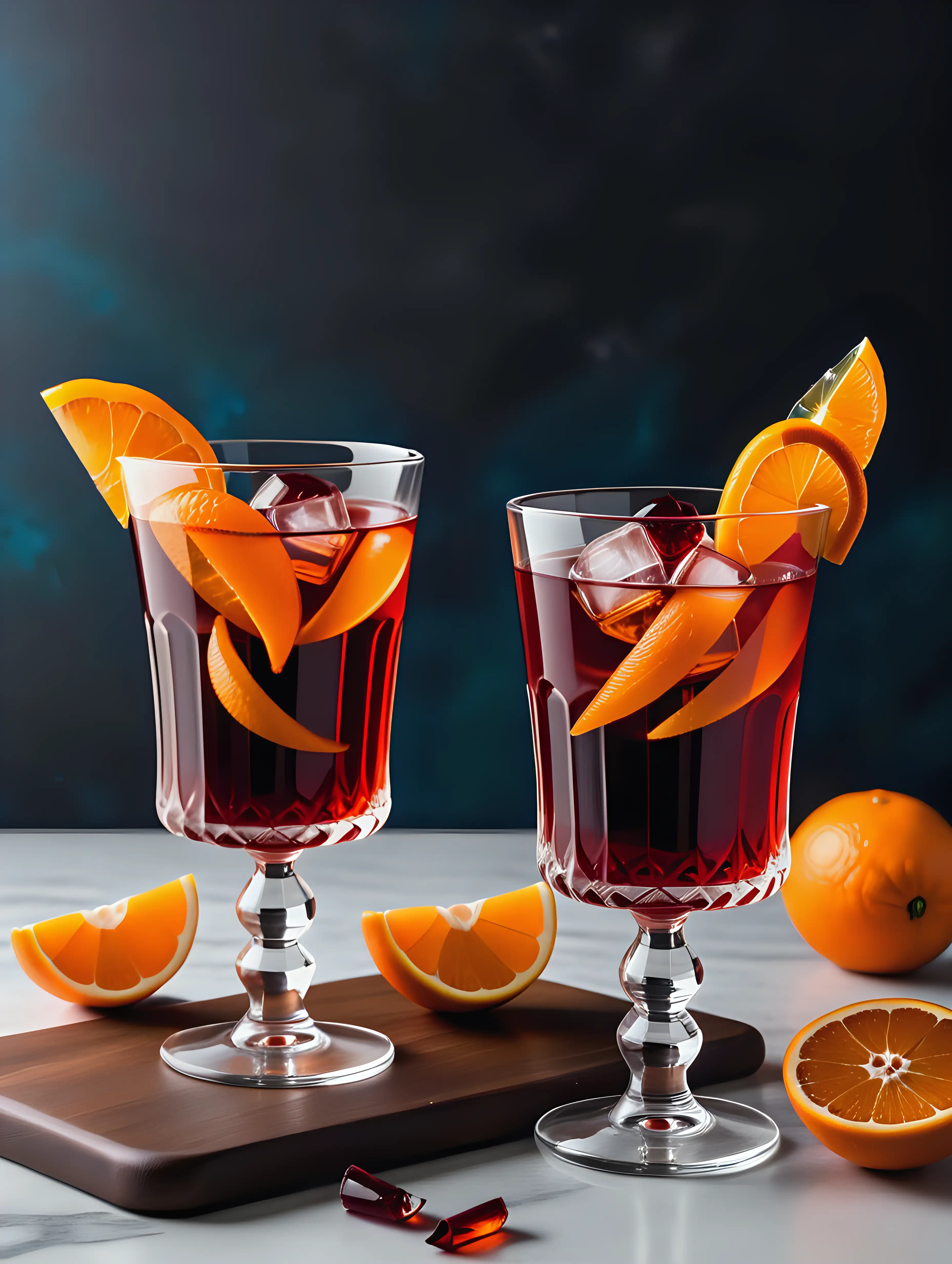 Two glasses of Negroni with different orange peel twists.