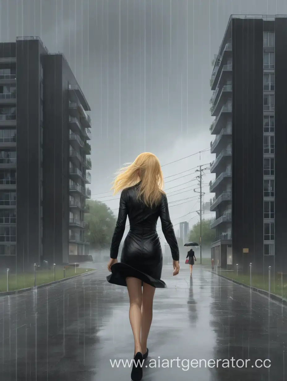 Девочка в черном платье с русыми волосами идёт под дождем. Вдали виднеется многоэтажка, потом офис а потом частный дом 