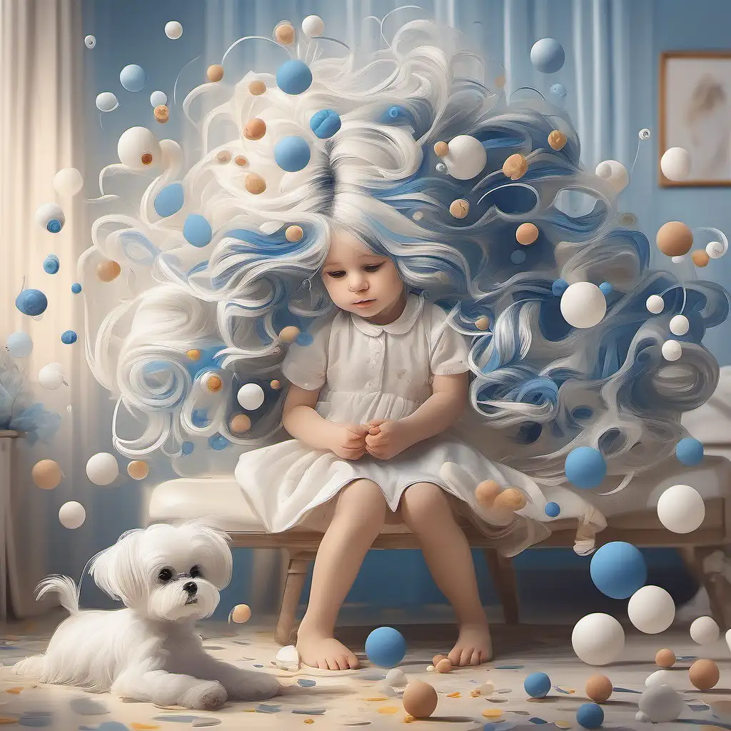 copy image 
abstract little girl with flowers in her white and blue A LOT OF CURLED UP hair , playing with a toy top orbs flying in the room maltese sitting next to the little girl
