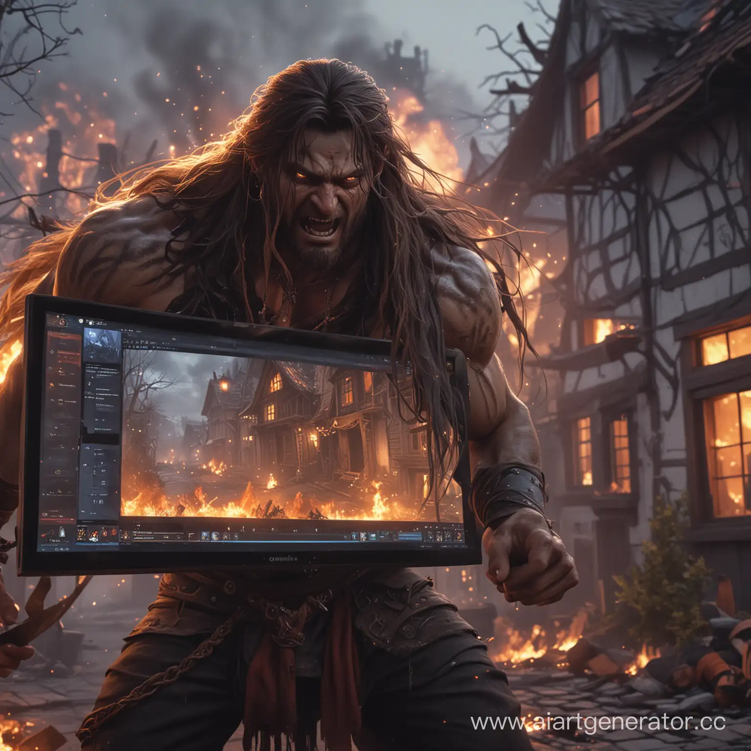 Magical-Berserker-Emerging-from-Burning-Houses-on-DIVINE-Studio-Games-Main-Screen