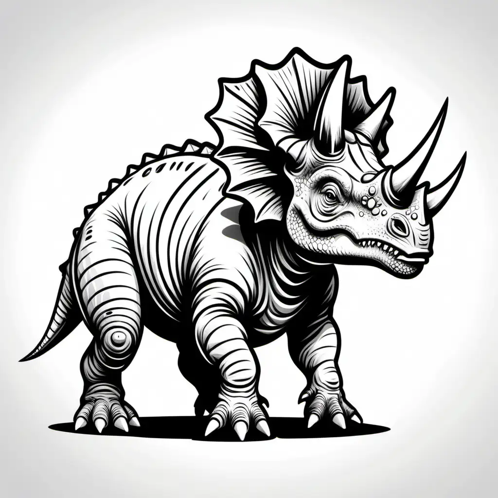 detailed stencil image of a CARTOON TRICERATOPS black lines, white background, NO SHADING