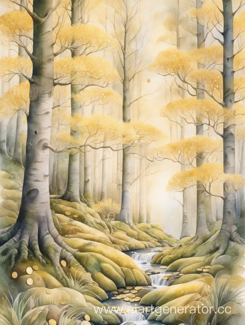 Enchanting-Golden-Forest-Tranquil-Landscape-with-Gleaming-Foliage-and-Cascading-Coins