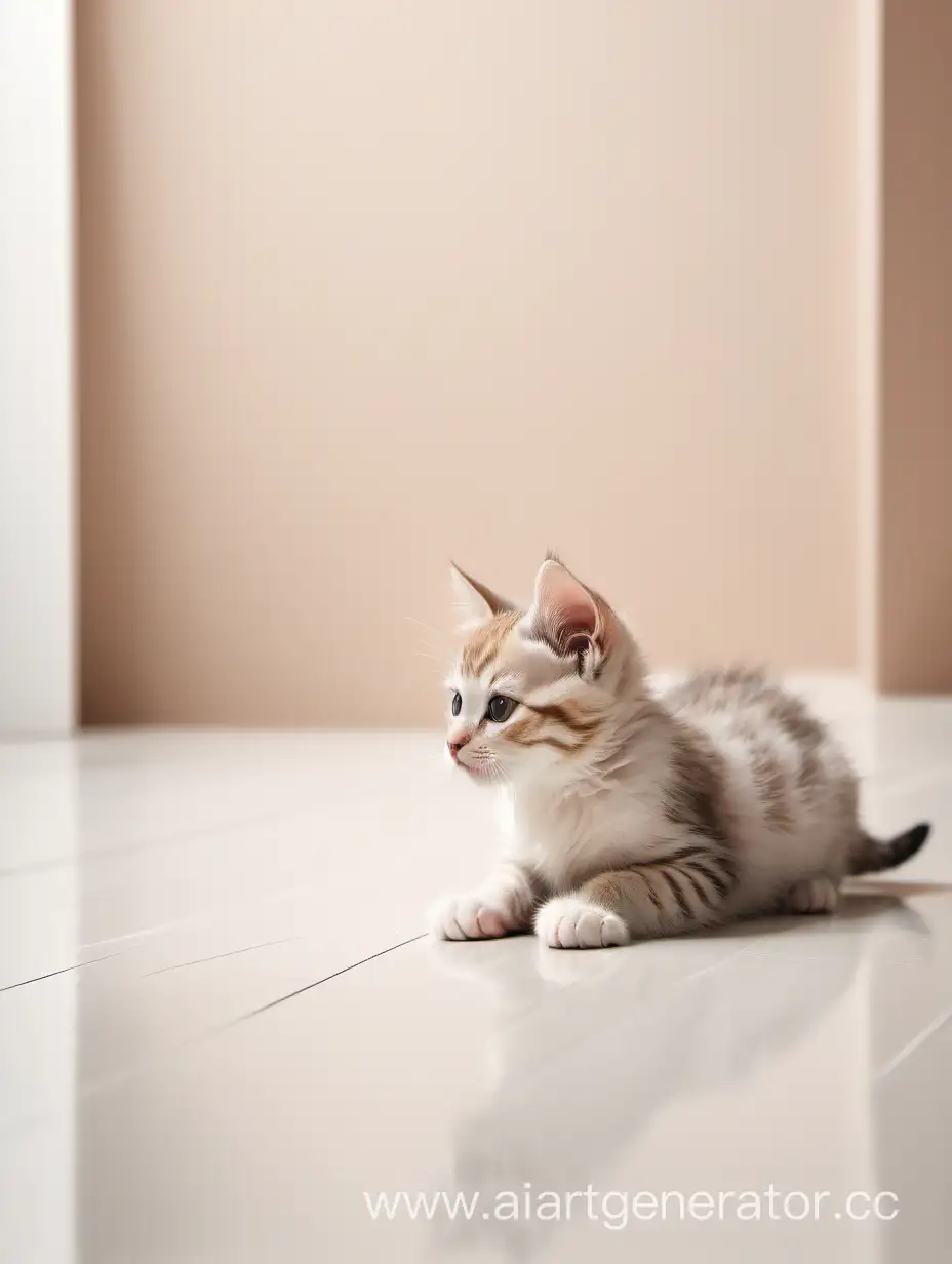 a photo of a minimalistic room in soft colors, with a soft floor. A joyful little kitten lies on the floor, looking up in profile.