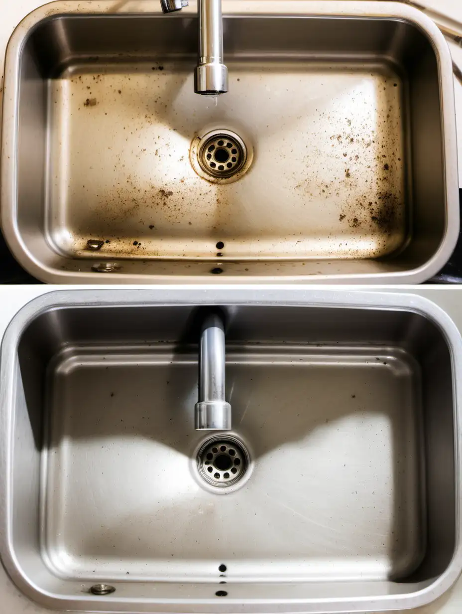 before and after overhead shot of kitchen sink fill with dirty dishes and then clean and empty
