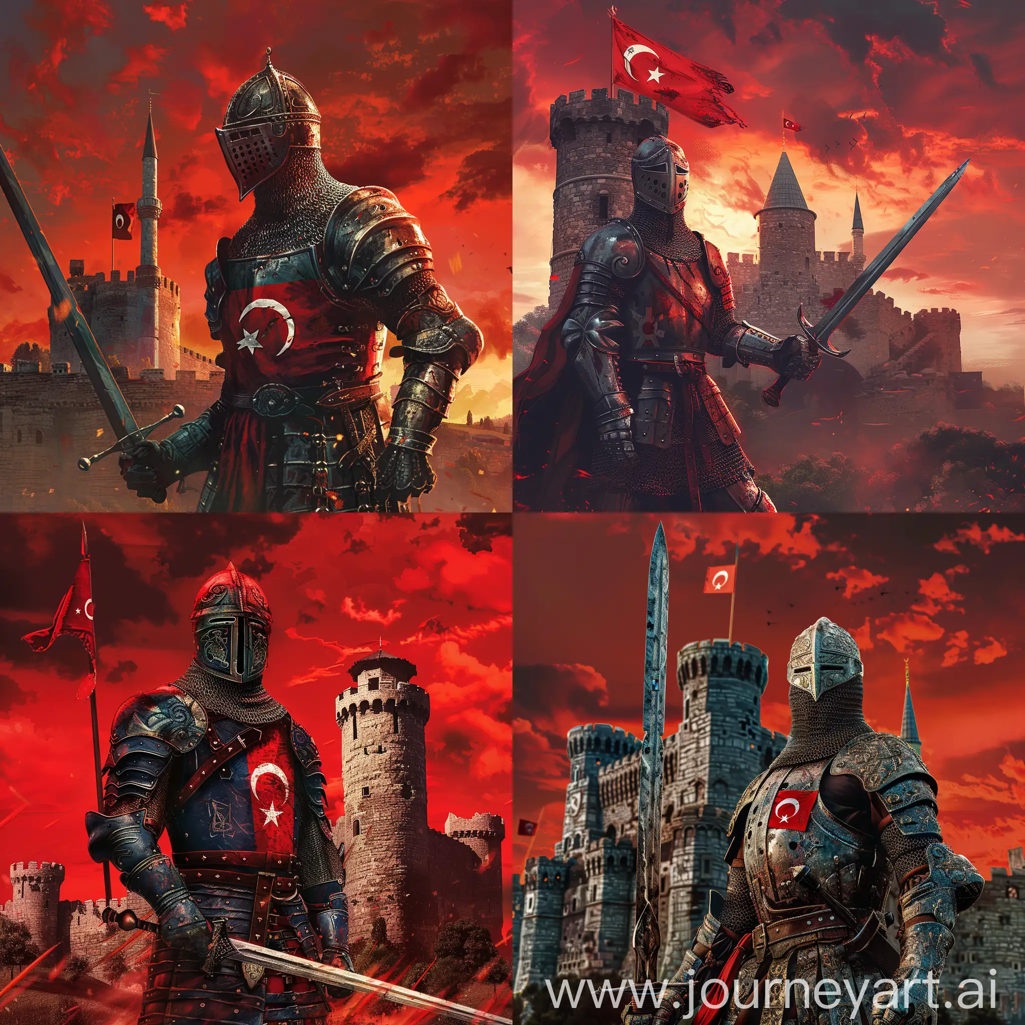Turkish Knight, Traditional Armor with the details of turkish flag, in front of a medieval castle, holding sword, turkic sword, red sky, heroic stance, photorealistic style