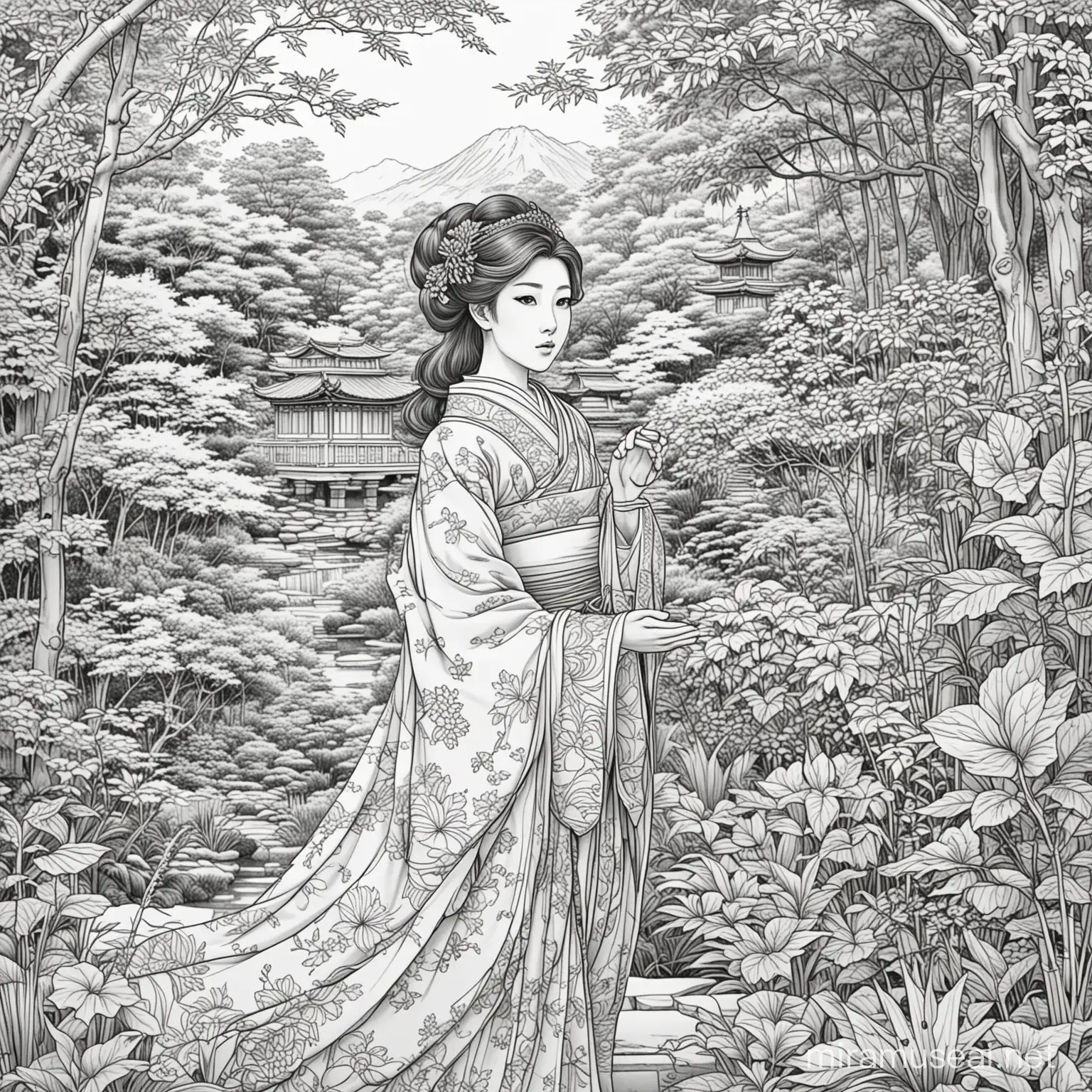 japanese princess sadly looking out over a fantastic garden coloring book page
