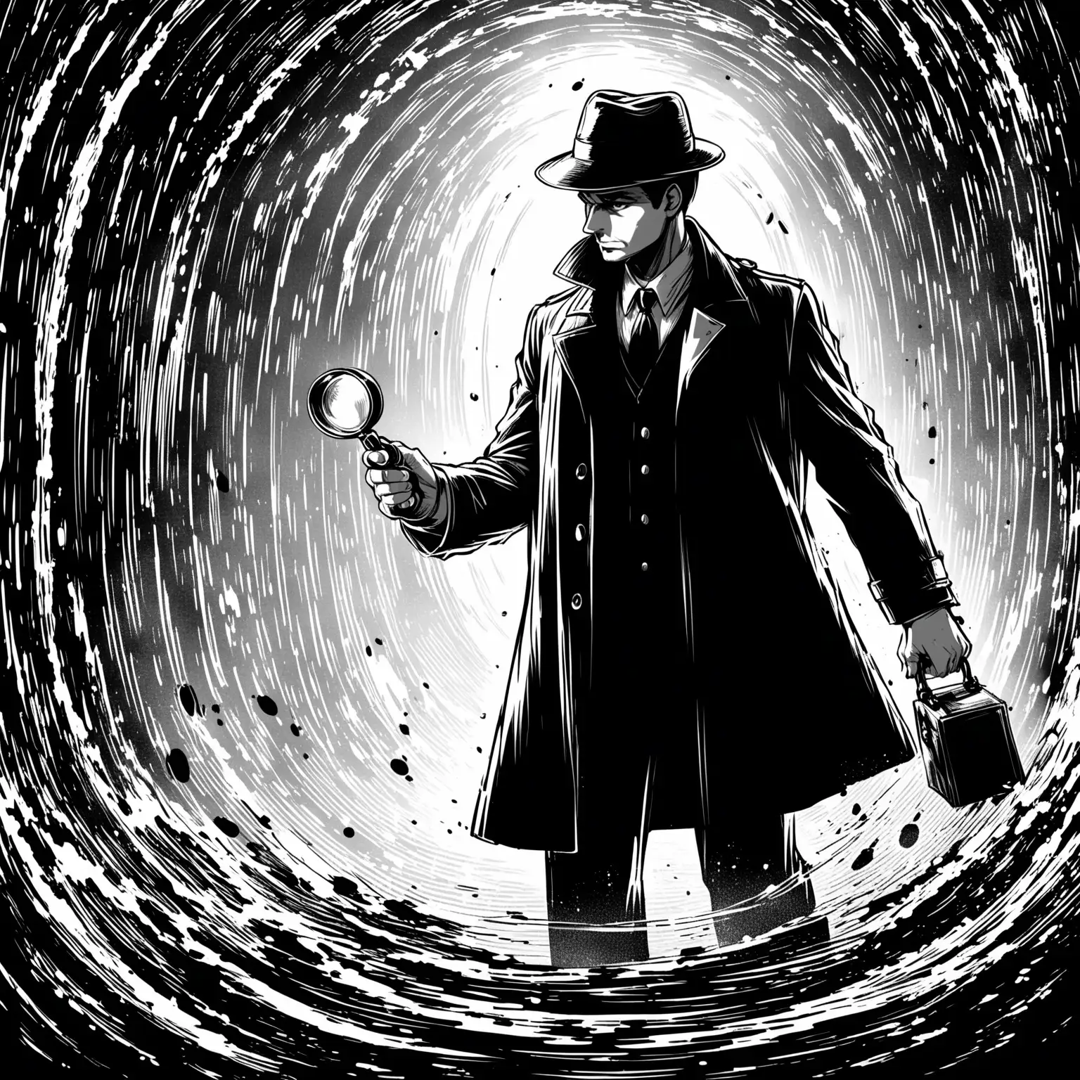 a detective searching for clues, black and white
