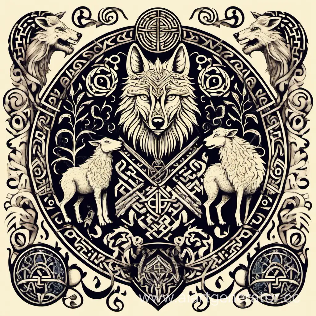 Герб в скандинавском стиле с изображением волка и овцы в окружении узоров викингов