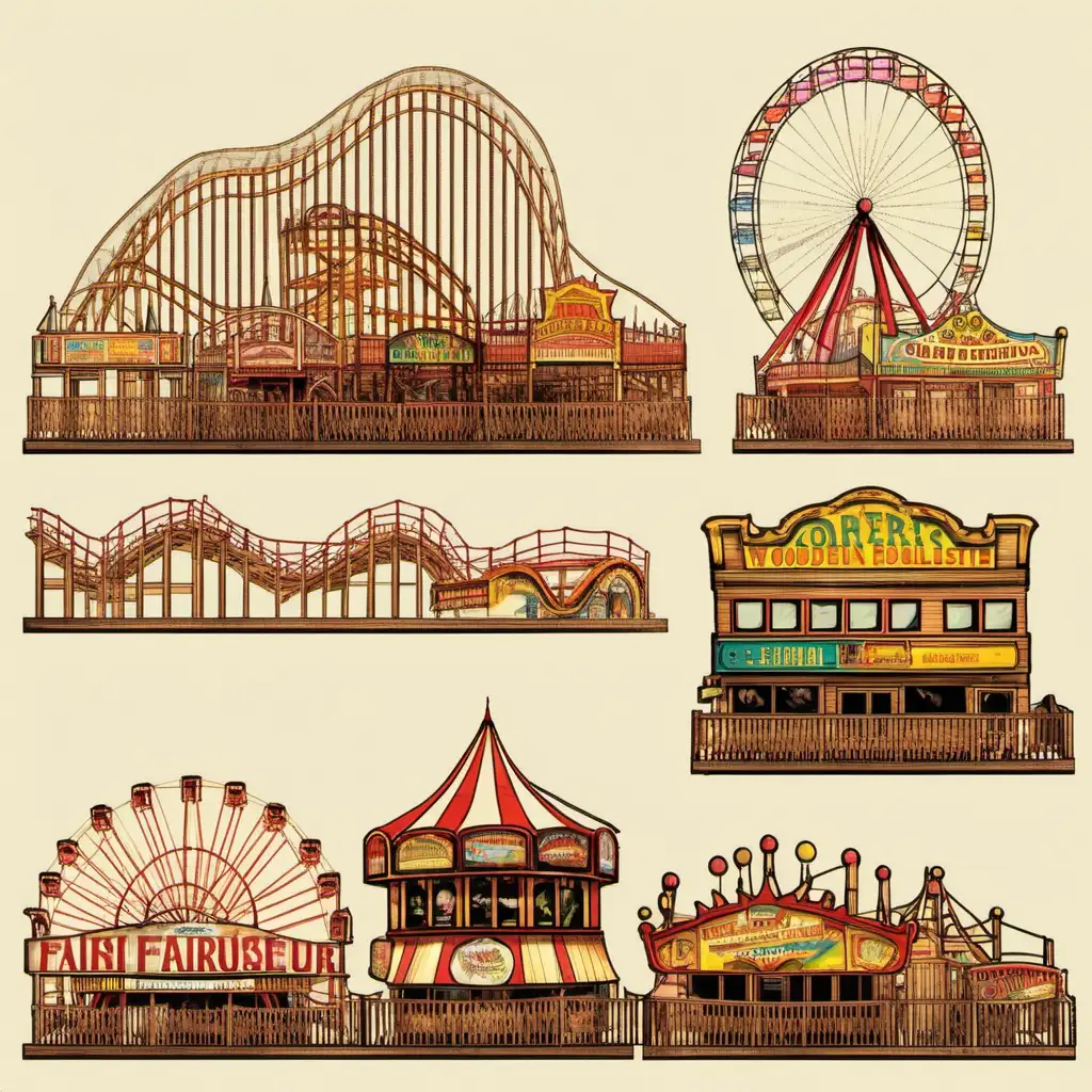 a profile of a wooden rollercoaster, a ferris wheel and old fairground rides 
