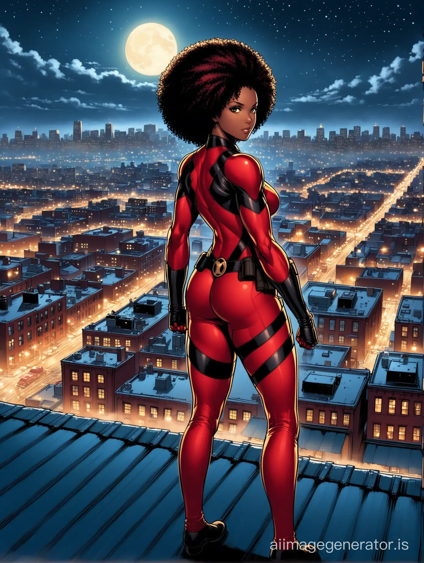 Misty Knight patrolling the rooftops of Harlem, the city lights twinkling below.