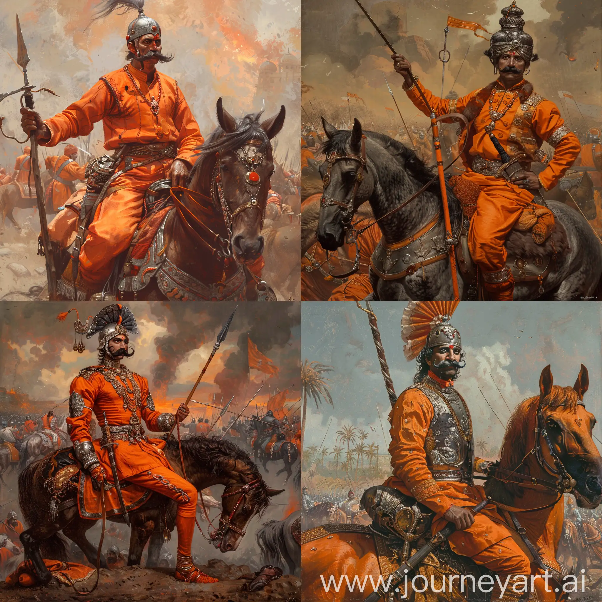 The year is 1600 CE. Imagine a rajput warrior sitting on his horse in a battlefield. The warrior has twirled moustache, cleanshave wearing a spangenhelm on his head. He is wearing orange uniform with armor. He has a lance in his hand and sheathed sword by his side.
