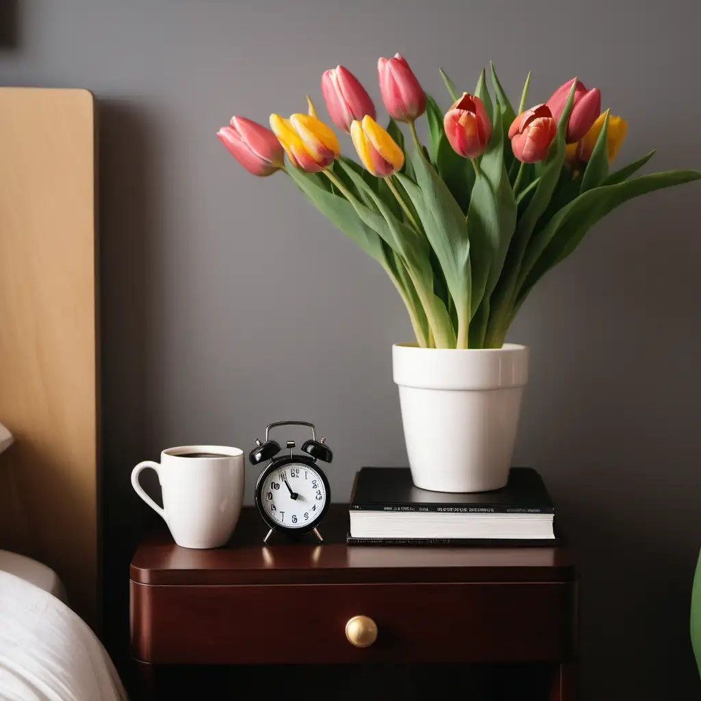 Time clock on a nightstand. Cup of steaming coffee. A planter with tulips beside