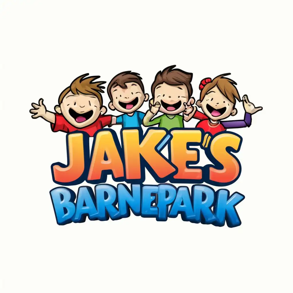 logo, cartoon kids, with the text "Jakes Barnepark", typography