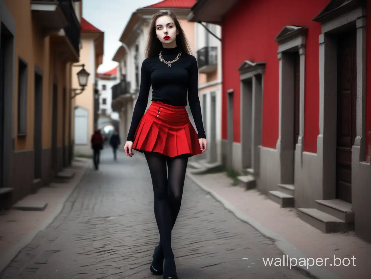 Girl in black tights and red miniskirt in full height on the street of an old noir baroque town