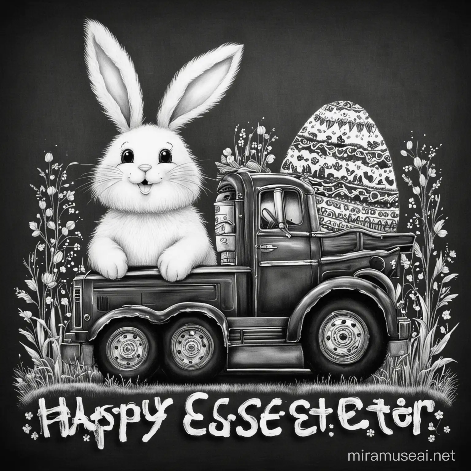 Cheerful Easter Bunny with Truck in Black and White Sketch