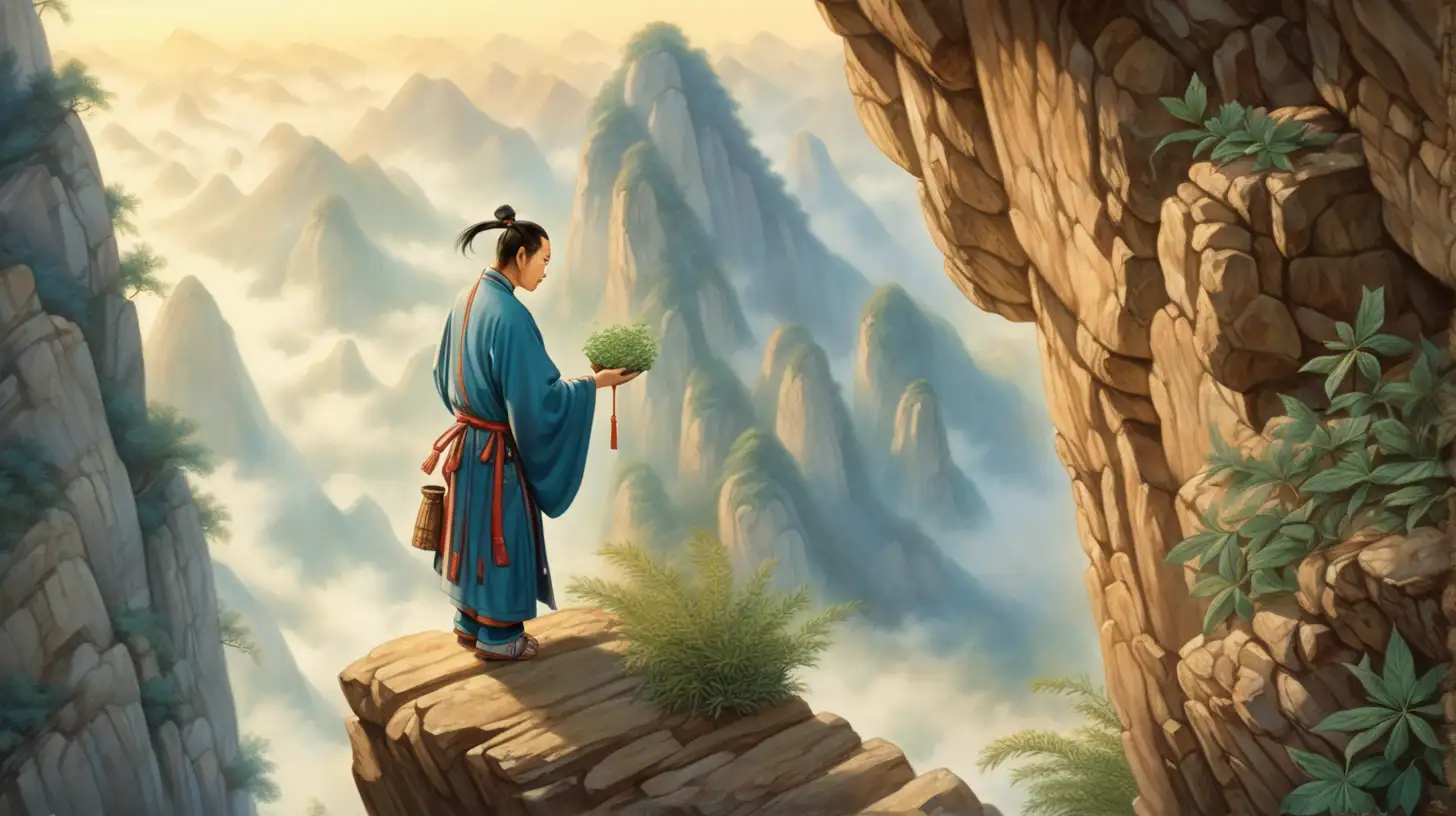 a disciple searching a cliff face for a rare magical herb, ancient china