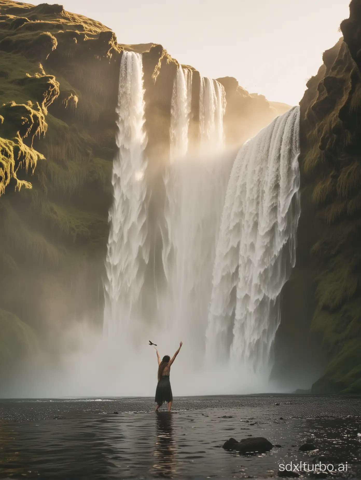 Extreme close-up photo of Skógafoss waterfall during golden hour. The waterfall is powerful, with a large volume of water cascading down a cliff into a pool below. There is a small bird flying in the mist rising from the waterfall. A woman far away taking bath in the pool bellow.Grainy film vintage look aesthetics.