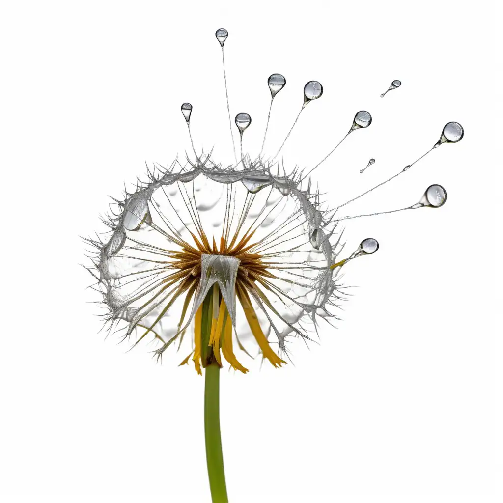 Glistening Dew Drops Surrounding a Single Dandelion Seed on a Pure White Background