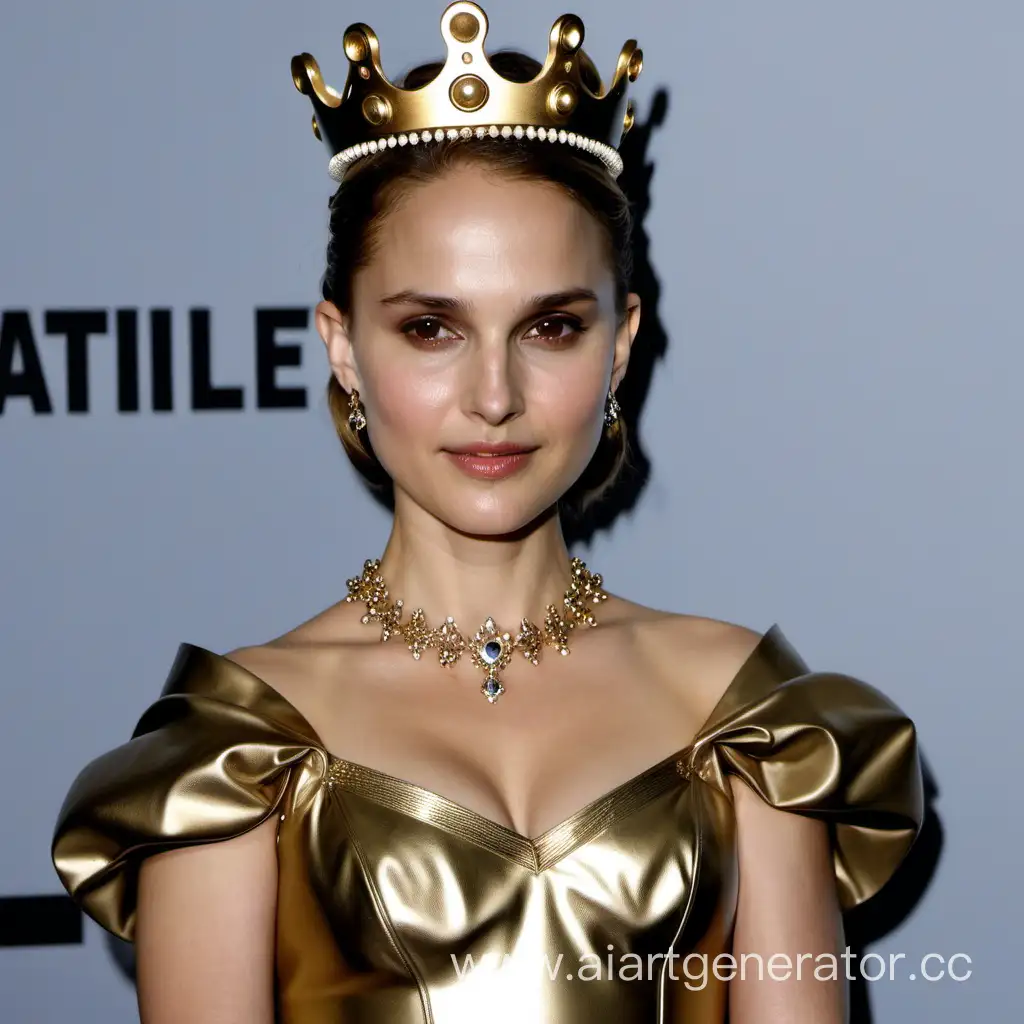 natalie portman wearing a gold latex princess gown, crown, long gloves, jewelry