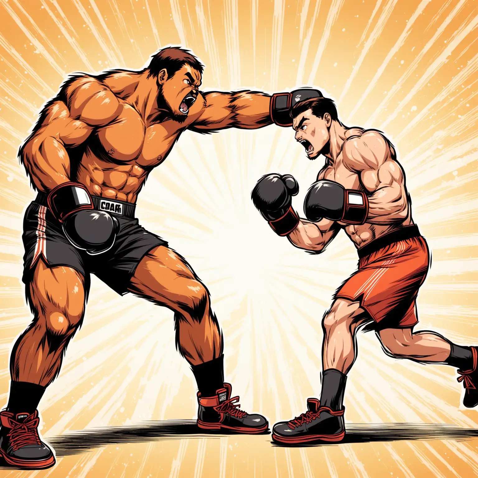 Boxer Training with Bear Paw Pad Coach in Comic Book Style
