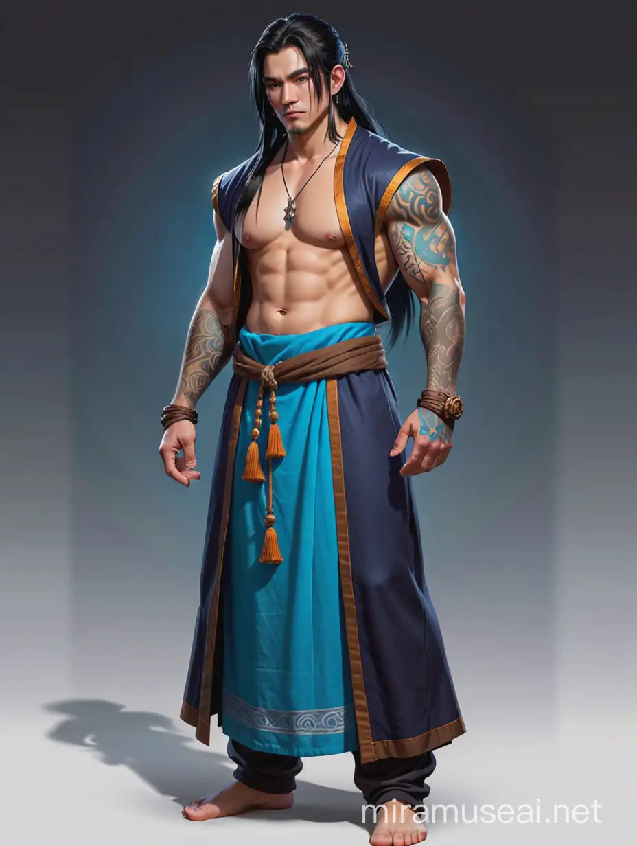 Monk Character in Blue Robe with Tattoo in World of Warcraft Artwork