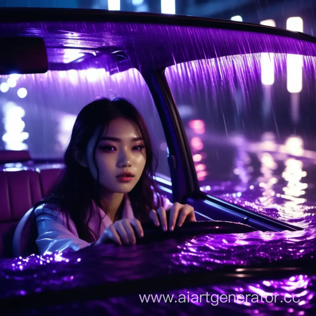 красивая девушка с темными волосами едет на японском автомобиле  по ночному городу залитым фиолетовым светом, 4к 