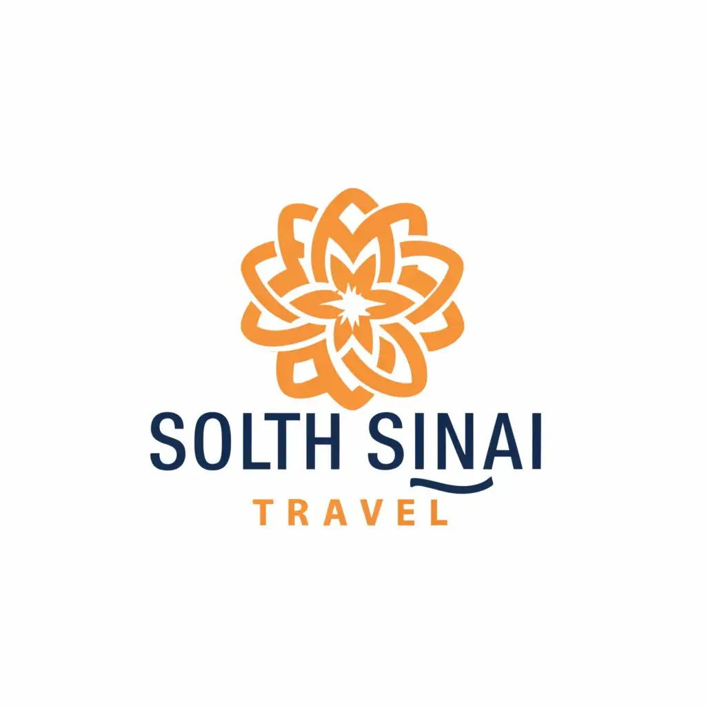 a logo design,with the text "Create vector "South Sinai Travel" . logo design featuring orange and blue only, abstract representation of sea , sun , Palm trees, design that embodies the spirit nutre, The letters are intertwined geometri shapes, white background, conceptual art , Arabian art decoration", main symbol:South Sinai Travel , blonde text,complex,be used in Travel industry,clear background