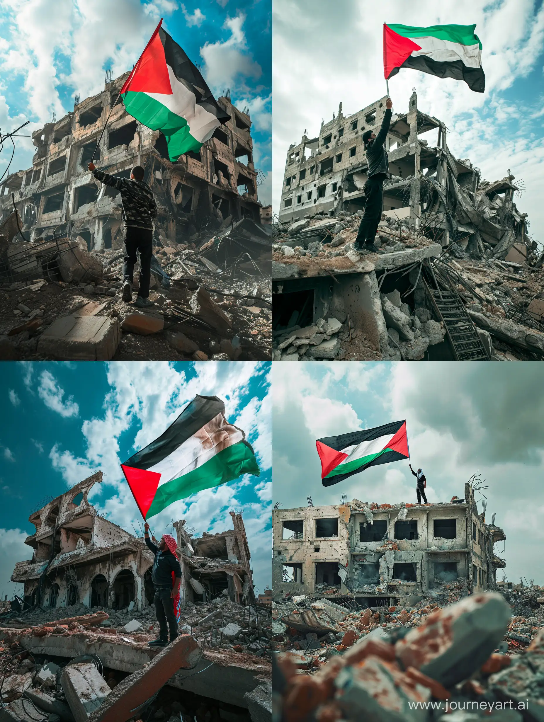 ultra realistic,aan hj arshad mengibarkan bendera palestine di depan runtuhan bangunan yang telah dibom tentera., canon eos-id x mark iii dslr --v 6.0