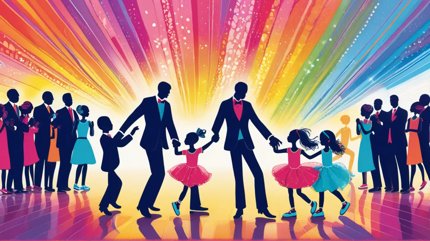 A vibrant and colorful illustration of a father-daughter or father-son dance.