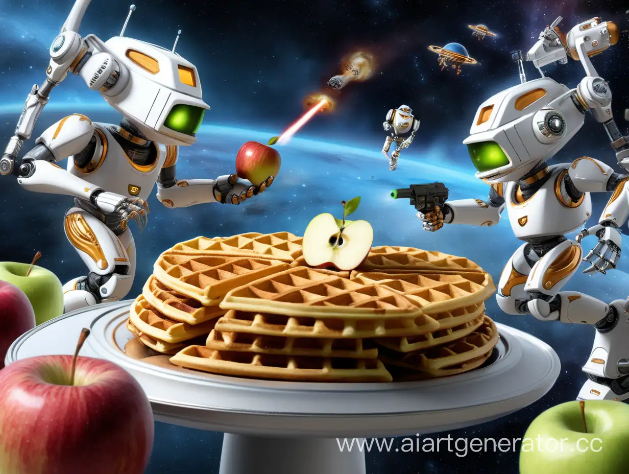 Роботы вафли атакуют яблочных гоблинов бластерами в космосе