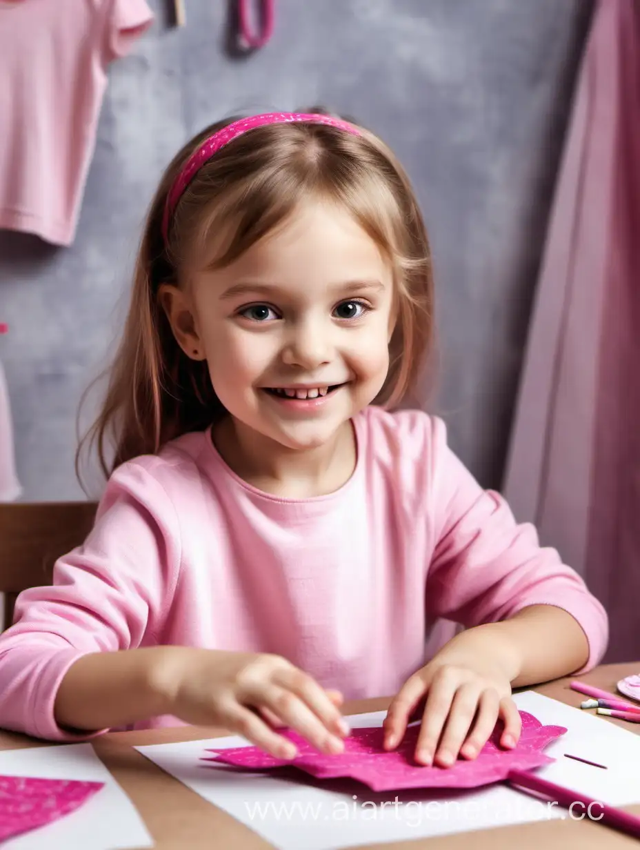 a little girl in pink clothes sits at the table and makes crafts with her own hands and with open eyes and smiles