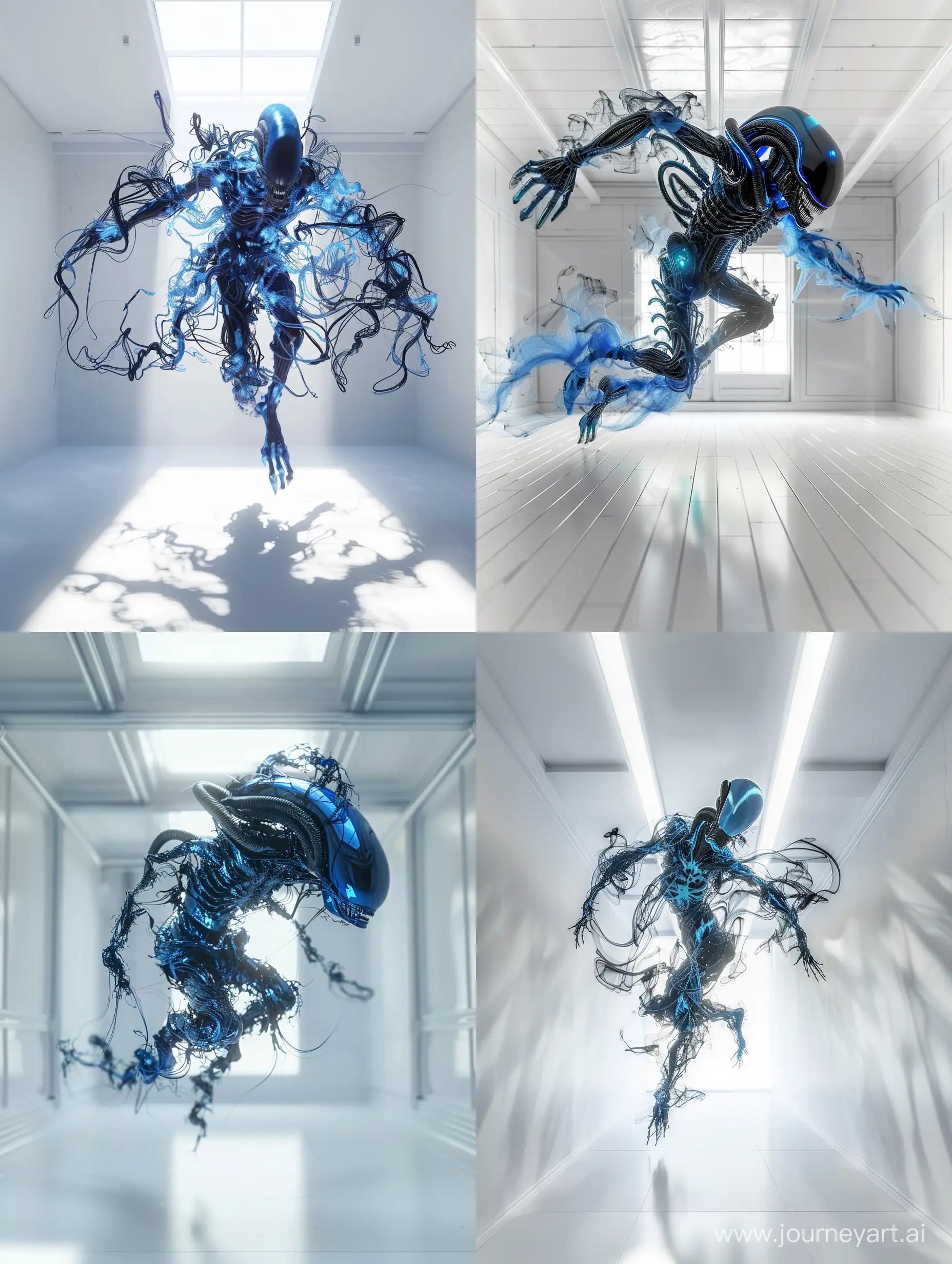 An intricate alien being made entirely of blue and black iridescent smoke hovers inside of an empty white room with white floor, overhead light, dramatic shadows, 4k, ultra detailed 