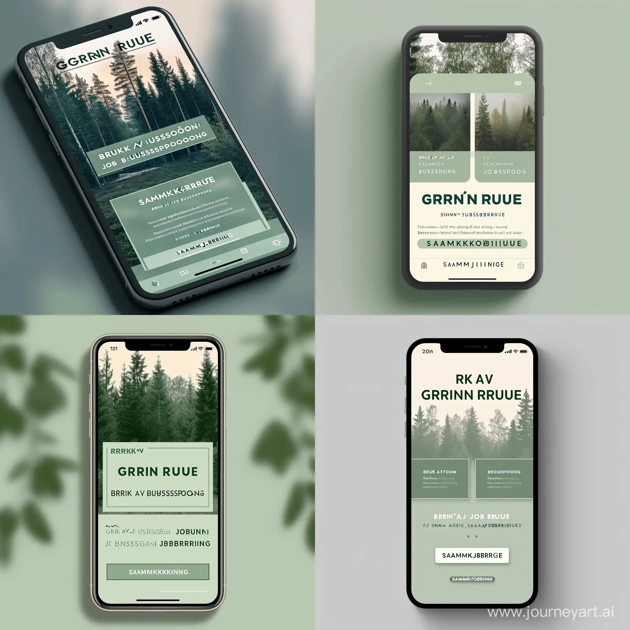 Make a phone screen with the topic "GRØNN RUTE". The background should be trees. Under the topic make two light green boxes with the same size. In the topp box write "BRUK AV BUSSPOENG".  And in the lowest boxs write "FINN GRØNN JOBBRUTE". Under this tekst write in smaller letters "SAMMKJØRING". 