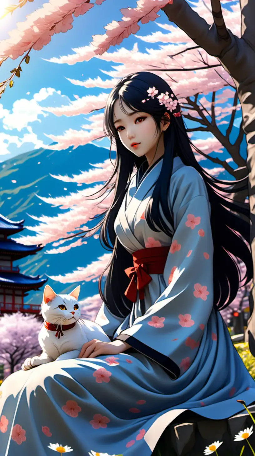  young beautiful woman with long black hair is wearing beautiful dress, sitting under cherry blossom tree, petal flowers fly, a cat beside her, red poppy flower, dandelions, daisy , beautiful sky ,acrylic pallete, fake detailed, trending pixiv style, ghibli studio, makoto shinkai, UHD, anime, best quality, 8k, sunset vibe on the hill to city in japan on distance, 3D style, __ar niji v6.0, render,