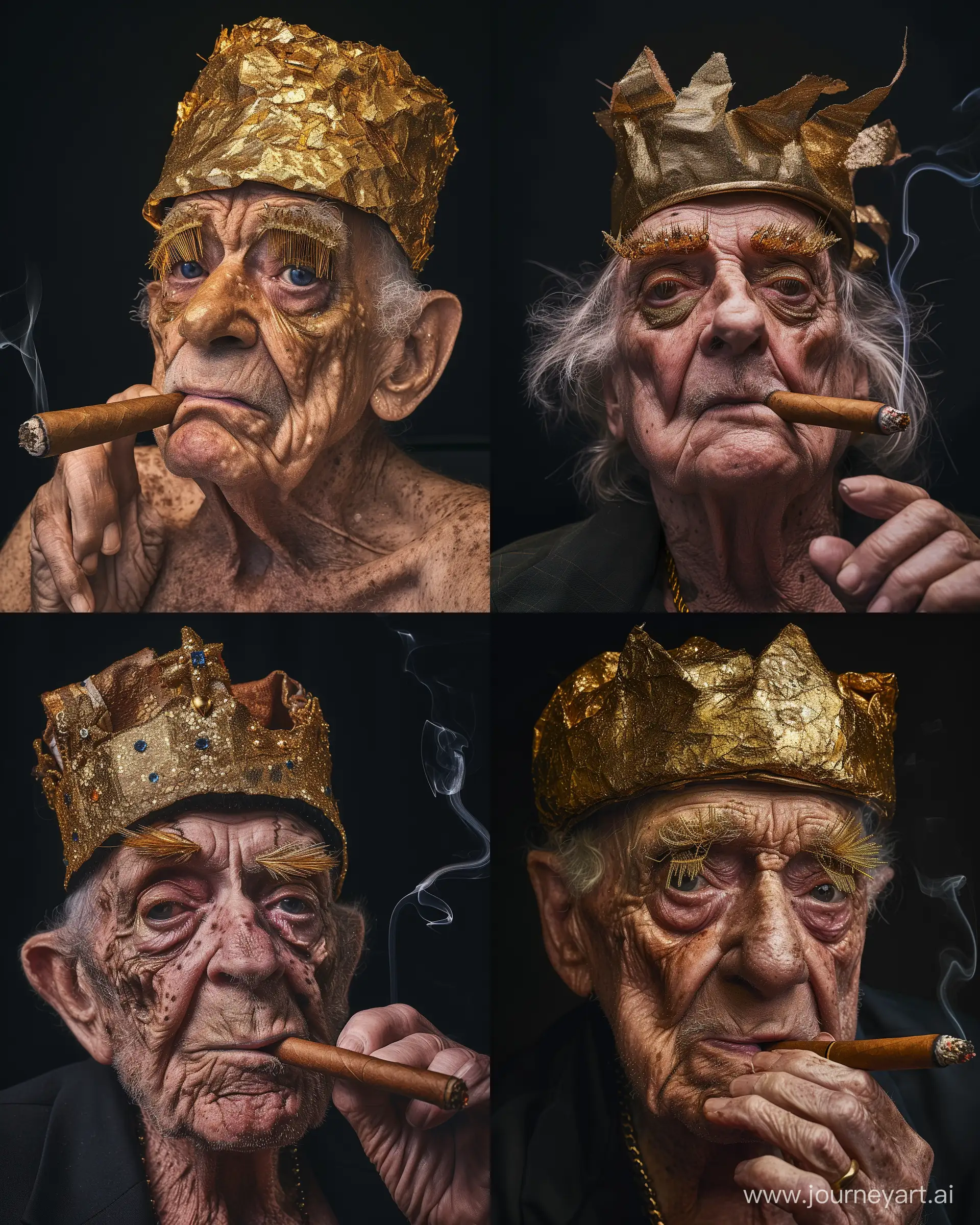 photographic portrait of an beautiful very old proud looking man, godfather, painting, wearing a small shiny golden crown and golden, wearing heavy makeup, long fake artificial eyelashes, smoking a cigar, frontal view, looking at camera, vivid, unexpected, black background, off-center composition, museum of natural history, museum aesthetics --ar 4:5 --style raw --v 6