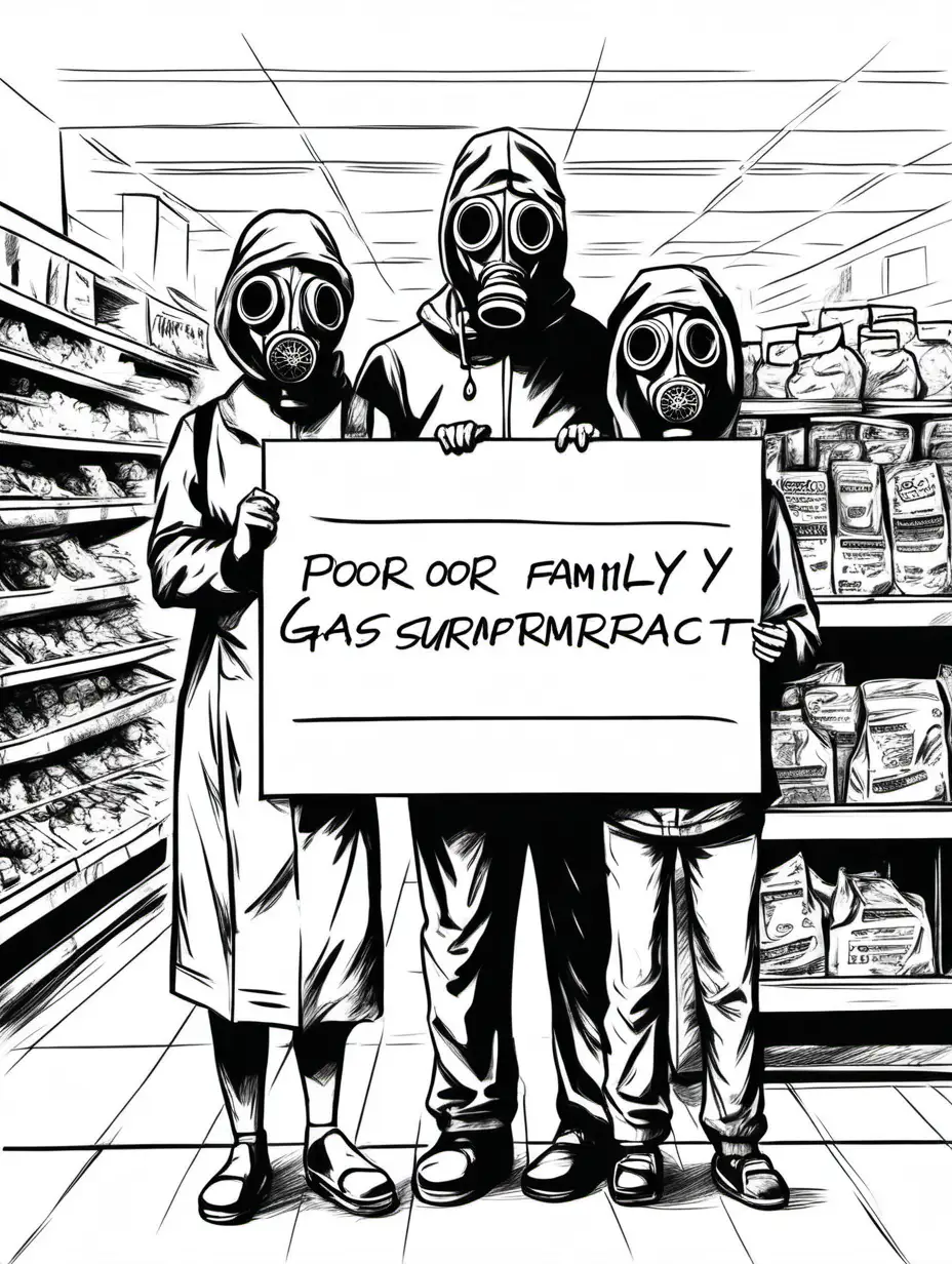 Poor family with Gas mask holding placard behind supermarket sketch