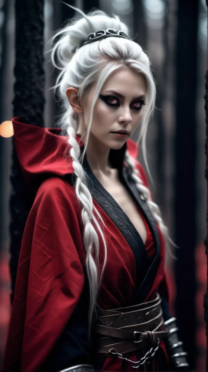 Beautiful Nordic woman, very attractive face, detailed eyes, elf ears, slim body, dark eye shadow, long messy white hair in an updo, wearing a black and red samurai suit, long red cape, bokeh background, soft light on face, rim lighting, facing away from camera, looking back over her shoulder, chained up as a prisoner in an alien thrown room, photorealistic, very high detail, extra wide photo, full body photo, aerial photo