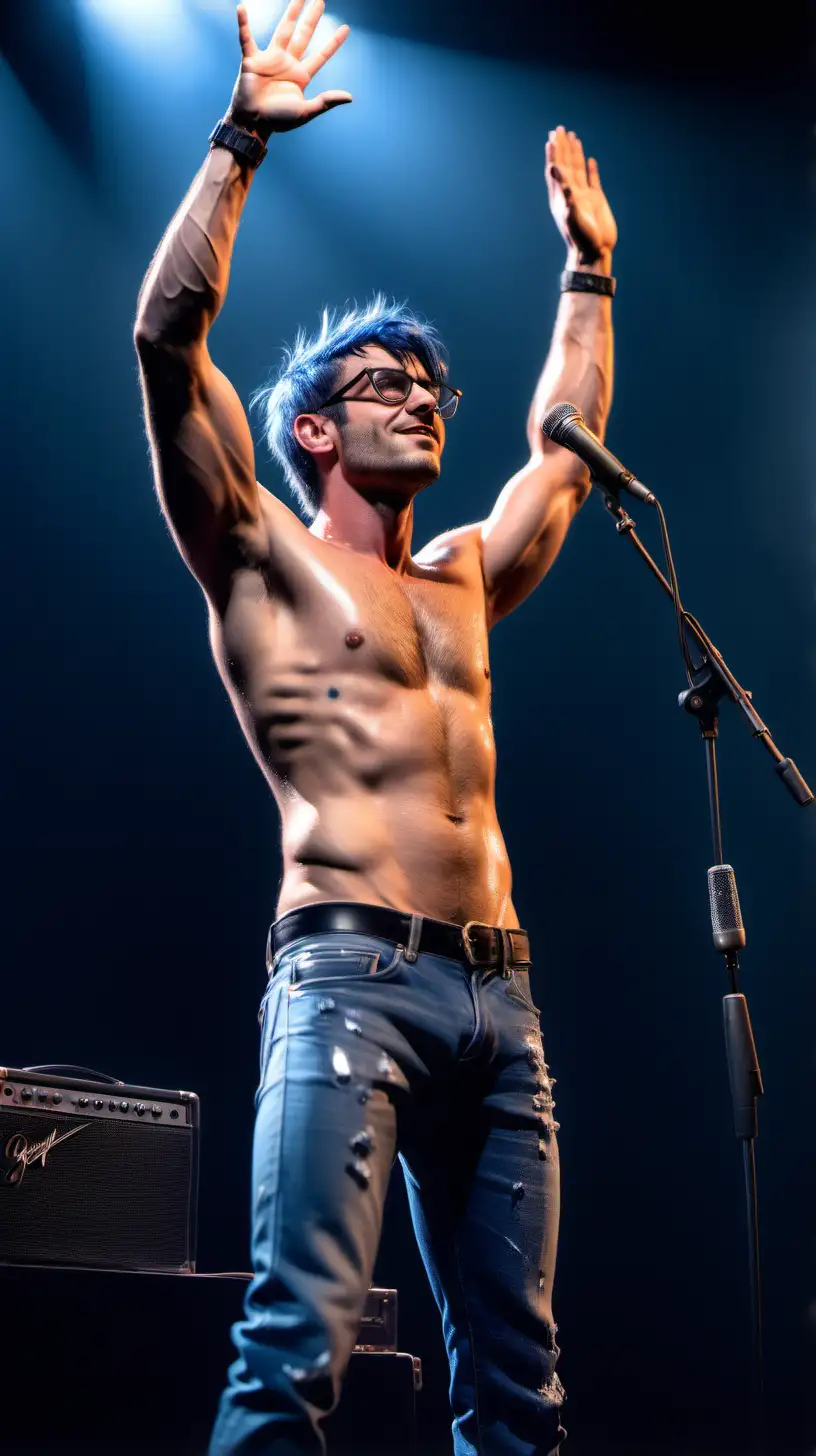 A male rockstar with navy blue hair. Short hair, hairy chest, glasses, stubbles, muscular, very sweaty, shirtless, blue jeans, spotlights on his glistening muscles. Waving goodbye to the fans. Mic stand, guitar 